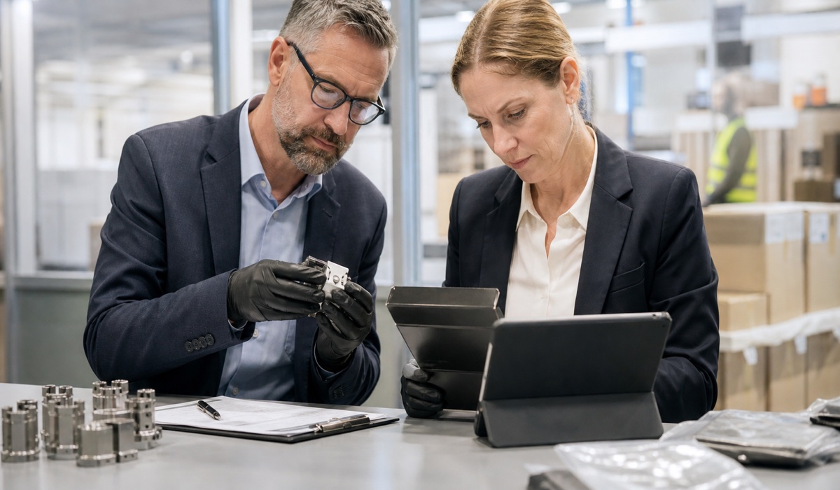 Compliance specialists inspecting a component and product documentation